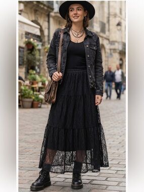 Sostanza Women's Black Lace Tiered Maxi Skirt